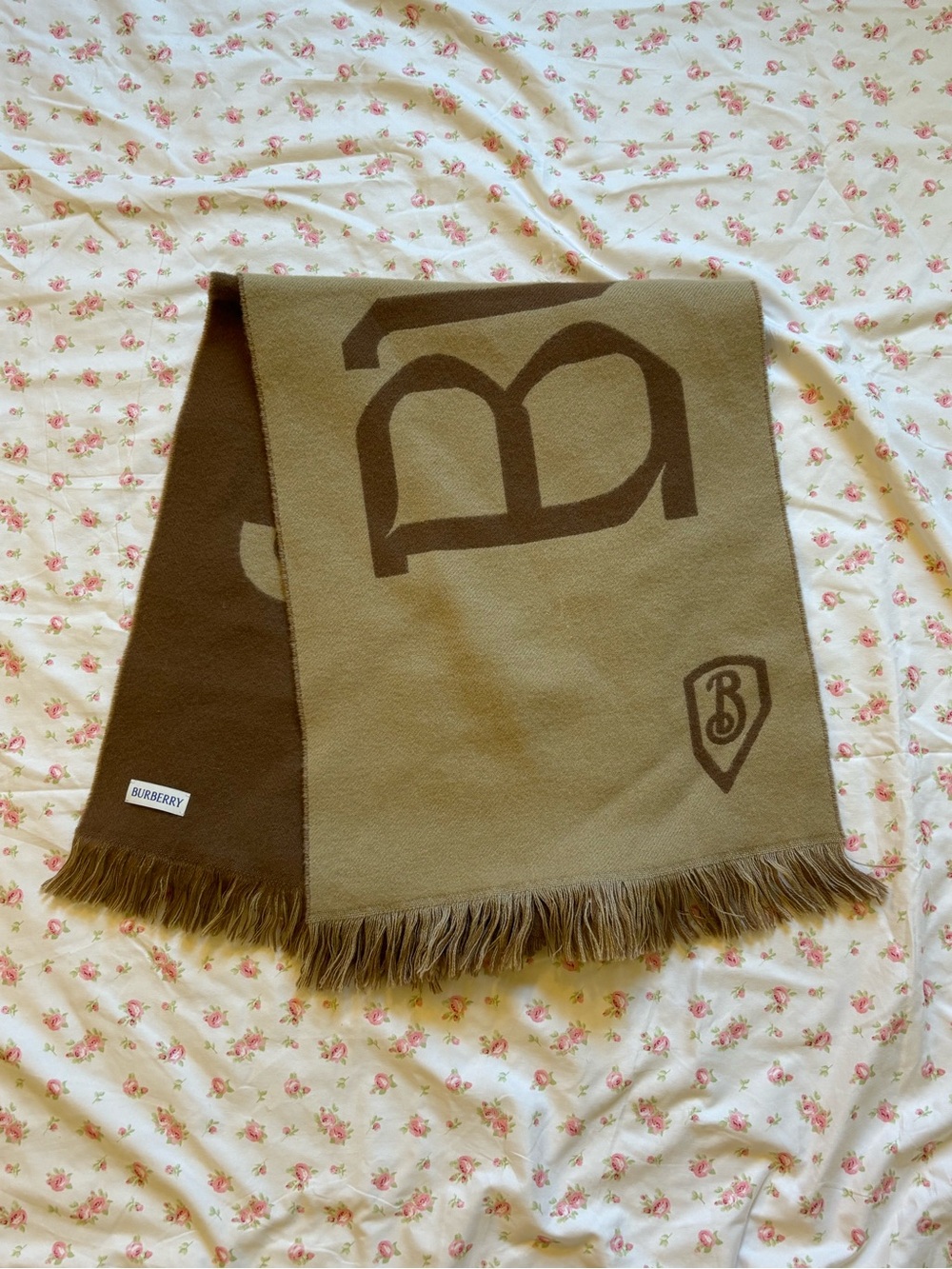 Burberry Olive Green and Brown Logo Fringe Scarf
